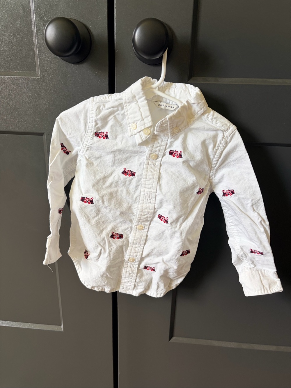 Janie and Jack White Button-Down Shirt with Train Embroidery